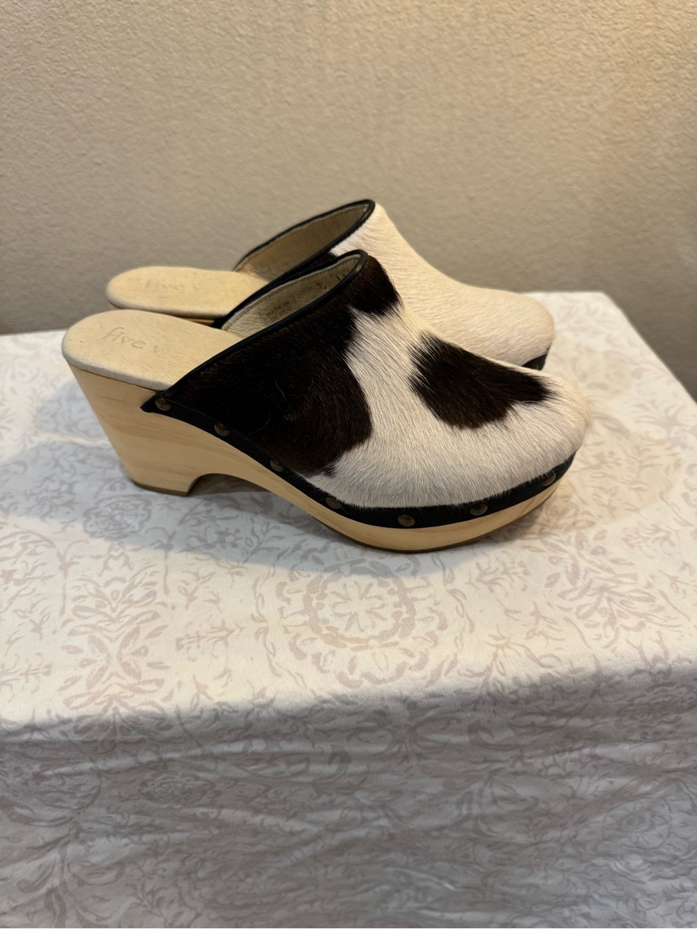 Women's Black & White Haircalf Wooden Clog Mules
